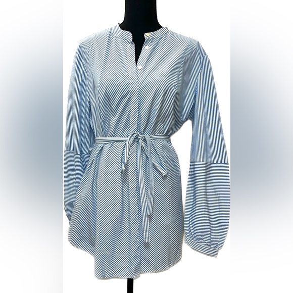 Ann Taylor Tops - Ann Taylor classy lt blue stripe no collar covered button down shirt w/belt. XL